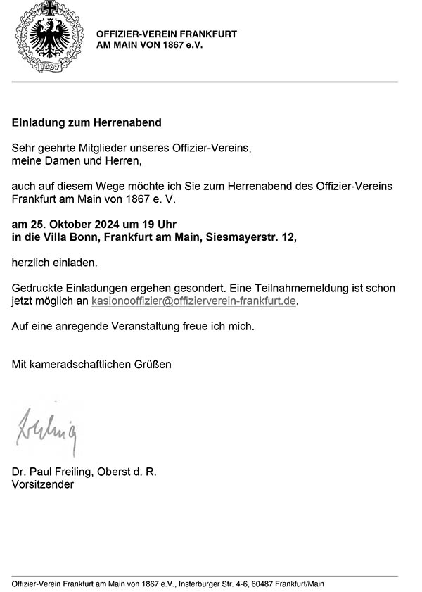 Einladung zum Herrenabend am 25.10.24